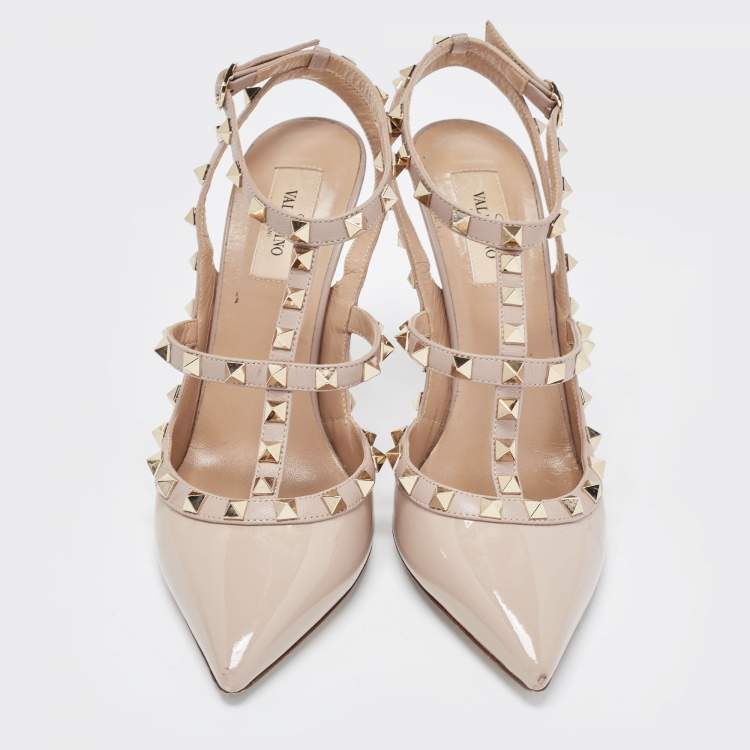 Pre Owned Valentino Dusty Pink Patent Leather Rockstud Ankle Strap Pumps Size 39.5