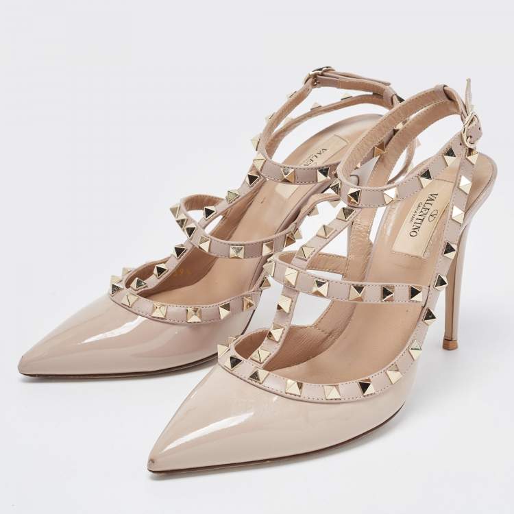 Pre Owned Valentino Dusty Pink Patent Leather Rockstud Ankle Strap Pumps Size 39.5