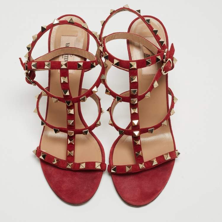 Pre Owned Valentino Red Suede Rockstud Ankle Strap Sandals Size 39