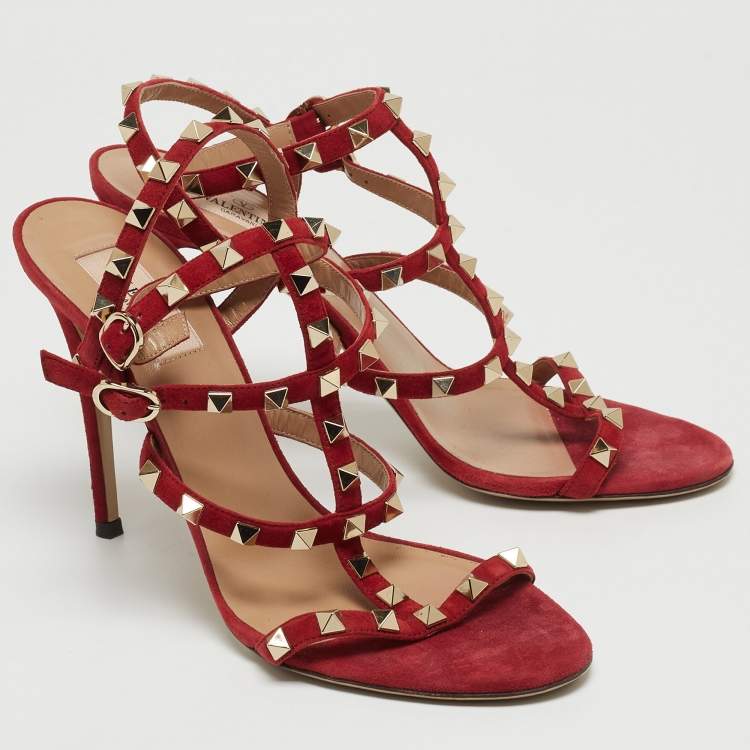 Pre Owned Valentino Red Suede Rockstud Ankle Strap Sandals Size 39