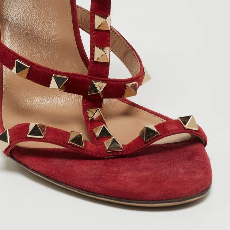 Pre Owned Valentino Red Suede Rockstud Ankle Strap Sandals Size 39