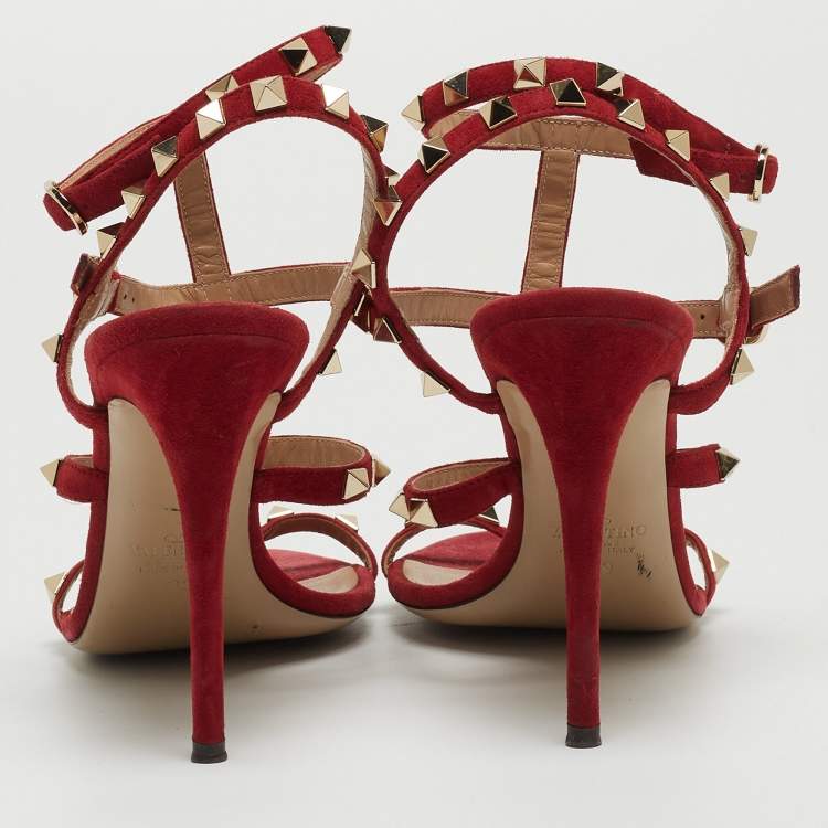 Pre Owned Valentino Red Suede Rockstud Ankle Strap Sandals Size 39