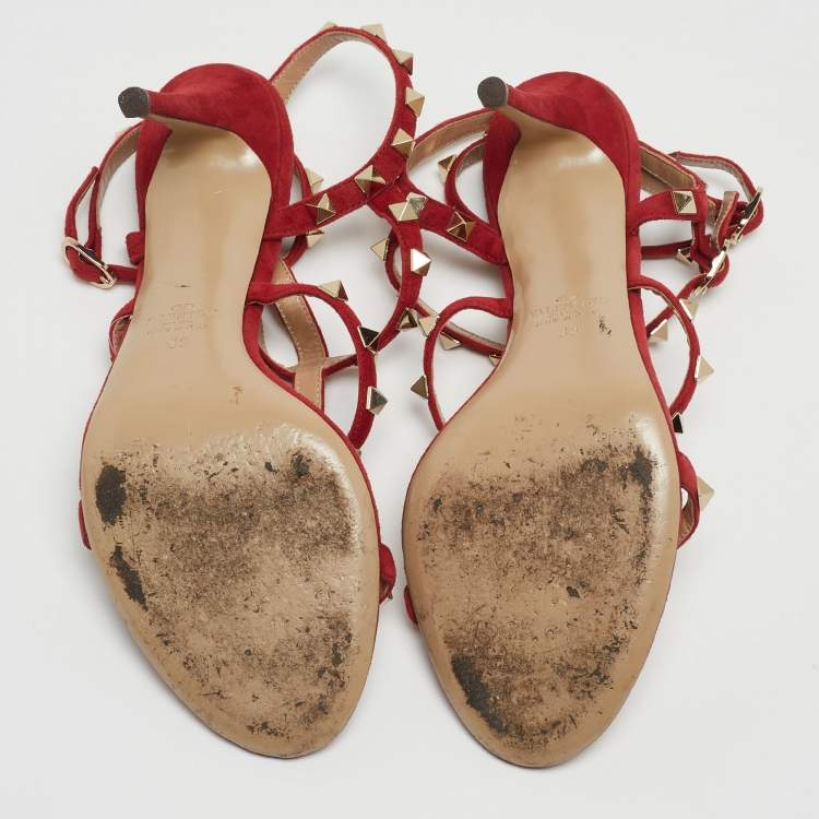 Pre Owned Valentino Red Suede Rockstud Ankle Strap Sandals Size 39
