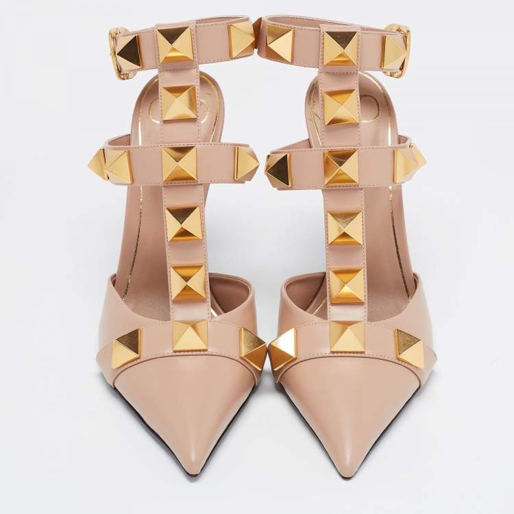 Pre Owned Valentino Beige Leather Roman Stud Ankle Cuff Pointed Toe Pumps Size 39