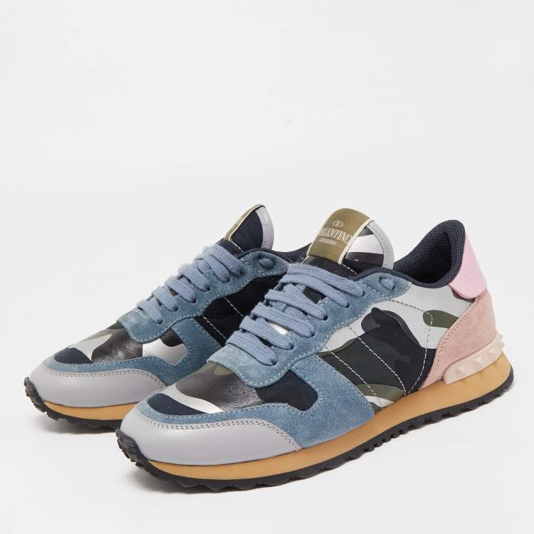 مملوكة مسبقًا Valentino Multicolor Camo Print Canvas and Leather Rockrunner Sneakers Size 39