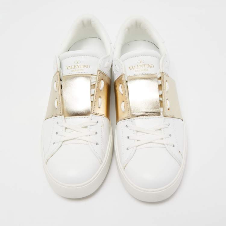 Pre Owned Valentino White/Gold Leather Open Sneakers Size 36.5