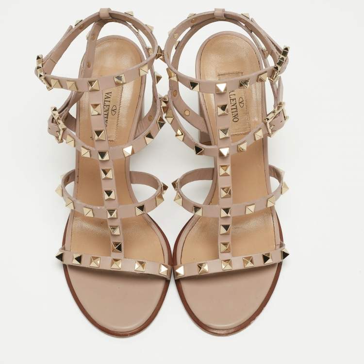 Pre Owned Valentino Beige Leather Rockstud  Strappy Sandals Size 38