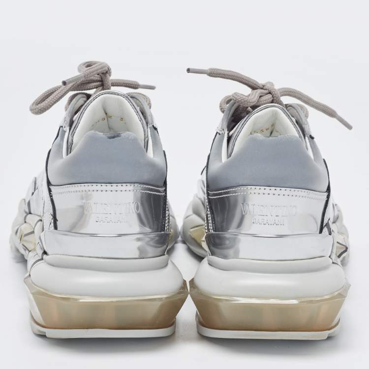 Pre Owned Valentino Silver Leather VLTN Bounce Sneakers Size 37.5