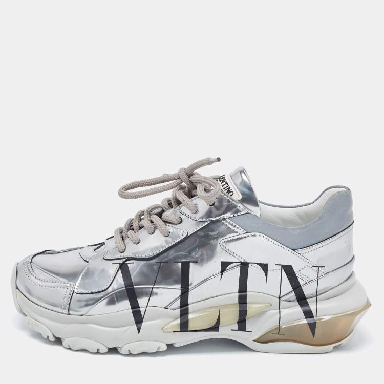 Pre Owned Valentino Silver Leather VLTN Bounce Sneakers Size 37.5