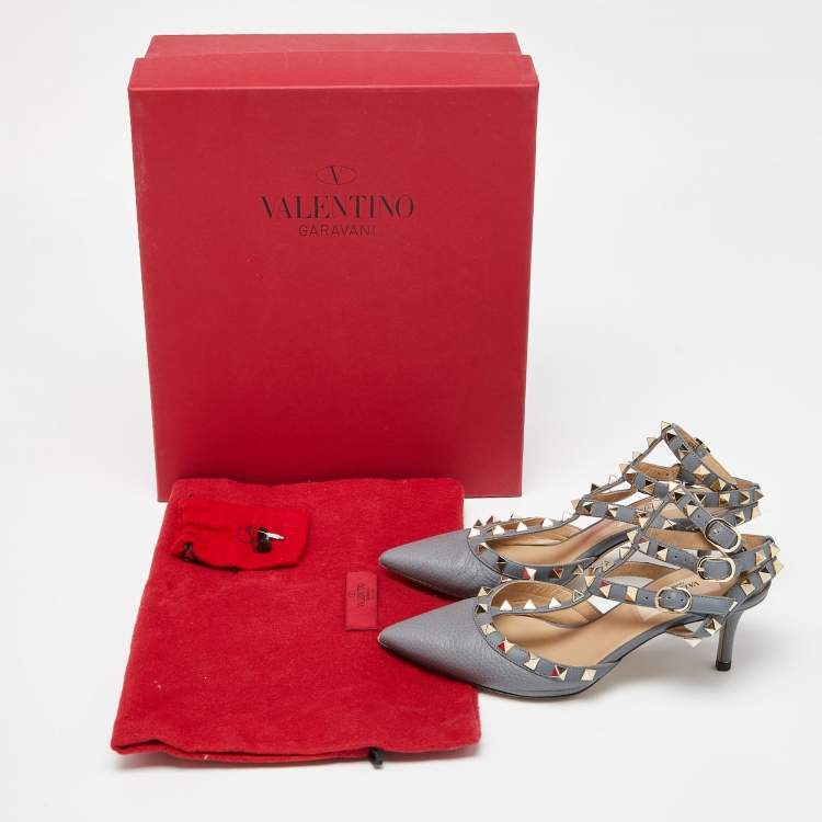 Pre Owned Valentino Grey Leather Rockstud Ankle-Strap Pumps Size 35