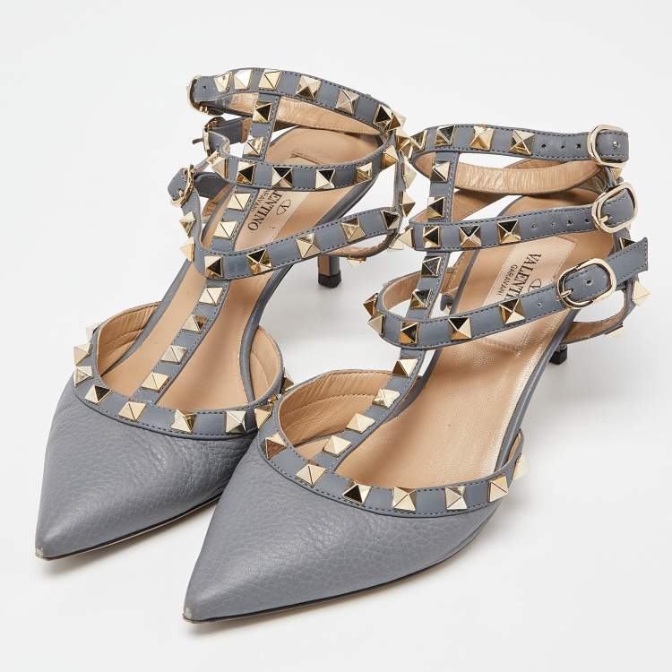 Pre Owned Valentino Grey Leather Rockstud Ankle-Strap Pumps Size 35