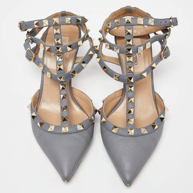 Pre Owned Valentino Grey Leather Rockstud Ankle-Strap Pumps Size 35
