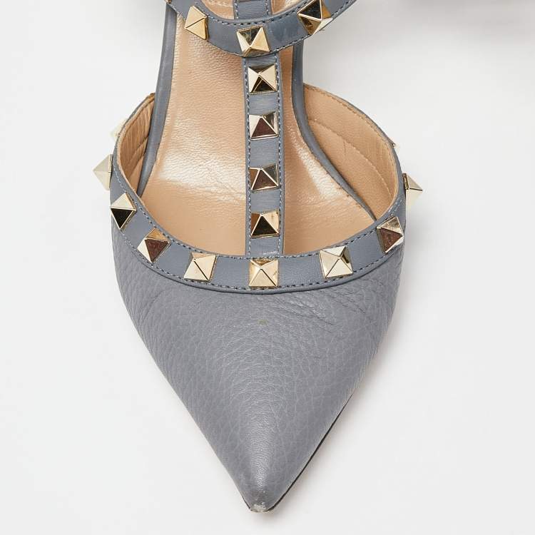 Pre Owned Valentino Grey Leather Rockstud Ankle-Strap Pumps Size 35