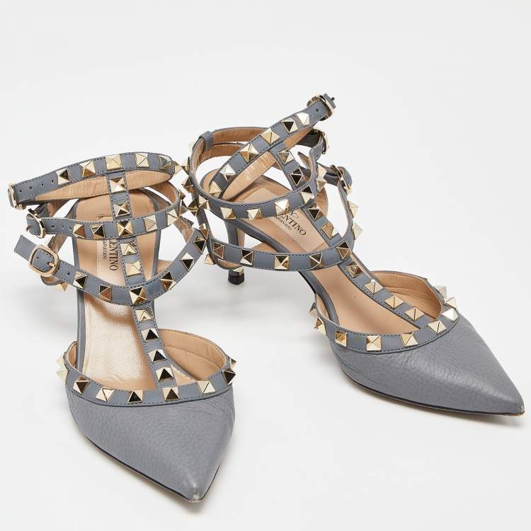 Pre Owned Valentino Grey Leather Rockstud Ankle-Strap Pumps Size 35