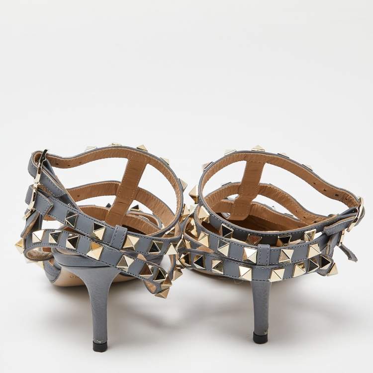 Pre Owned Valentino Grey Leather Rockstud Ankle-Strap Pumps Size 35
