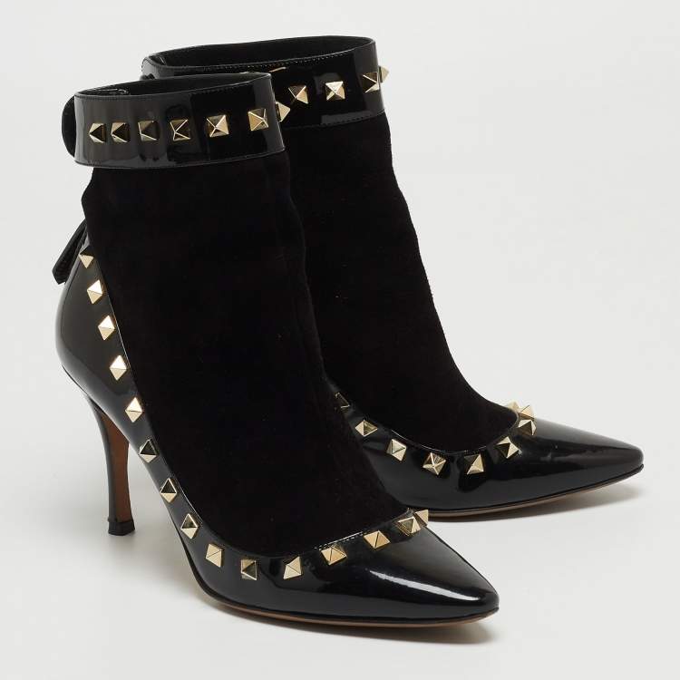 Pre Owned Valentino Black Patent Leather and Suede Rockstud Ankle Booties Size 37