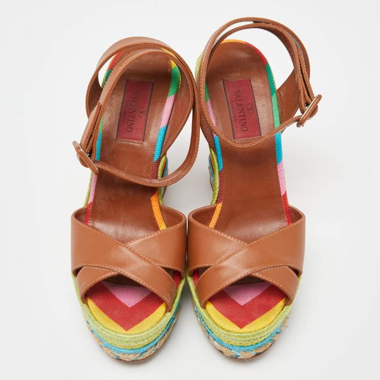 Pre Owned Valentino Multicolor Leather Espadrille Wedge Ankle Strap Sandals Size 36