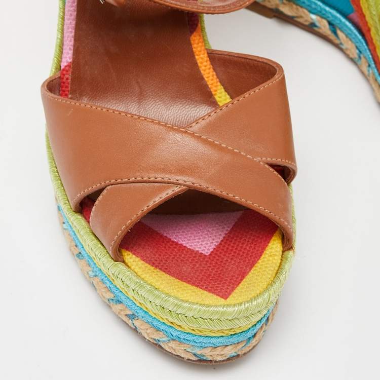 Pre Owned Valentino Multicolor Leather Espadrille Wedge Ankle Strap Sandals Size 36