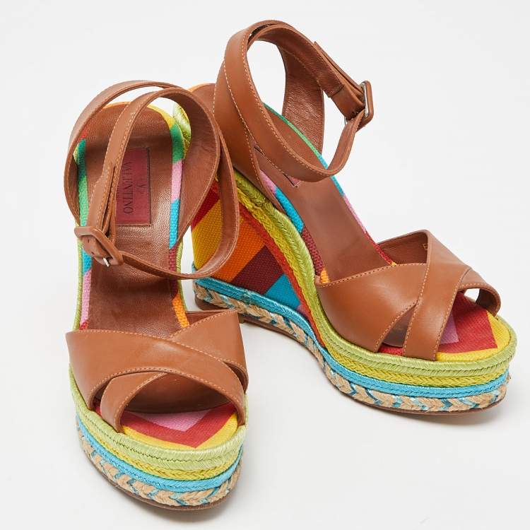 Pre Owned Valentino Multicolor Leather Espadrille Wedge Ankle Strap Sandals Size 36