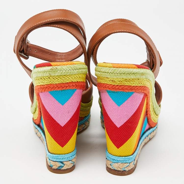Pre Owned Valentino Multicolor Leather Espadrille Wedge Ankle Strap Sandals Size 36