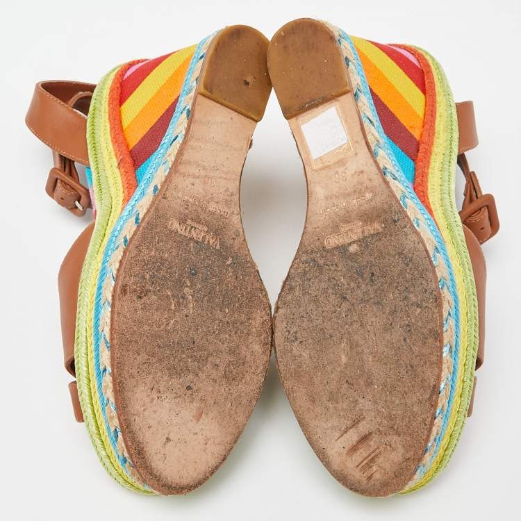 Pre Owned Valentino Multicolor Leather Espadrille Wedge Ankle Strap Sandals Size 36
