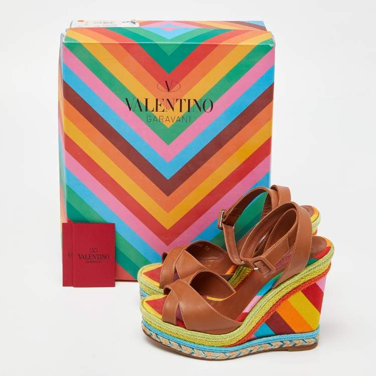 Pre Owned Valentino Multicolor Leather Espadrille Wedge Ankle Strap Sandals Size 36