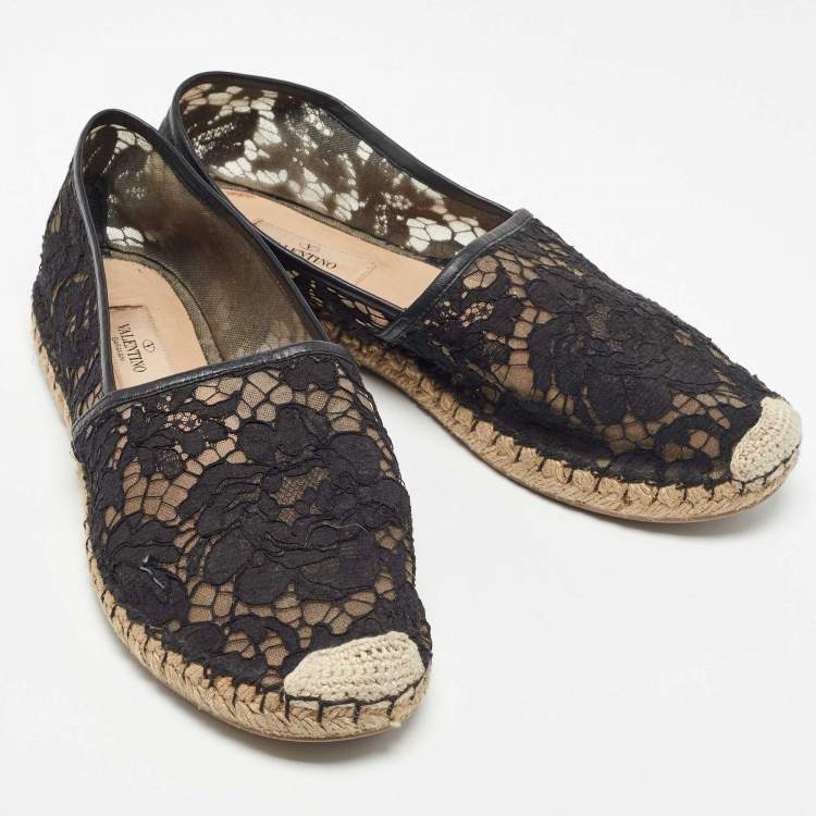 Pre Owned Valentino Black Mesh and Lace Espadrille Flats Size 40