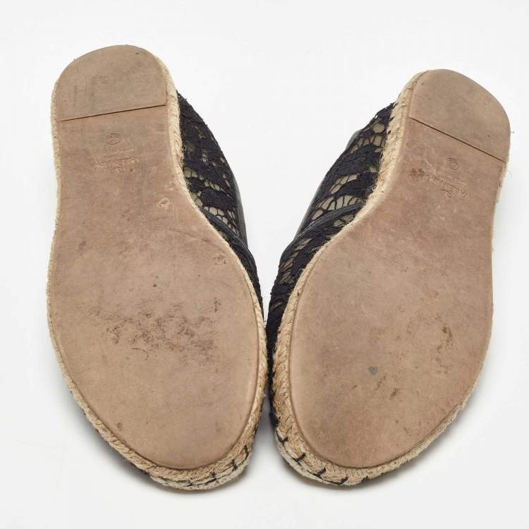 Pre Owned Valentino Black Mesh and Lace Espadrille Flats Size 40