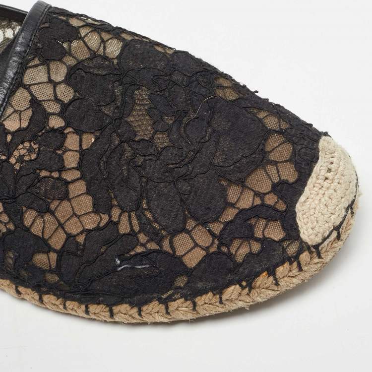Pre Owned Valentino Black Mesh and Lace Espadrille Flats Size 40
