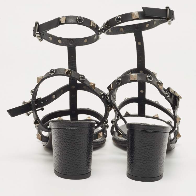 Pre Owned Valentino Black Leather Rockstud  Ankle Strap Sandals Size 37