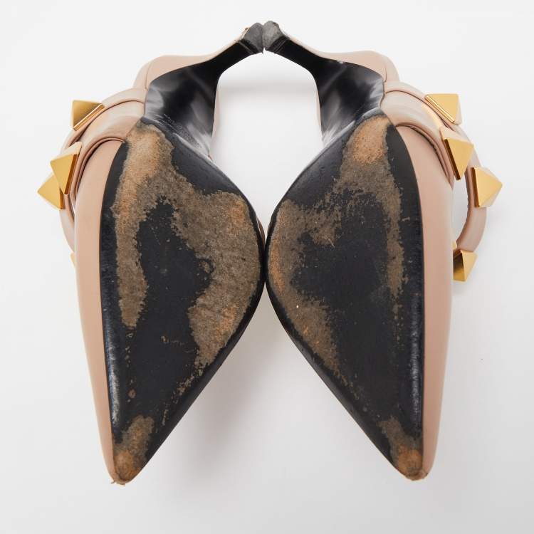 Pre Owned Valentino Pink Leather Roman Stud Pointed Toe Mules Size 37