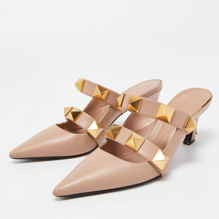 Pre Owned Valentino Pink Leather Roman Stud Pointed Toe Mules Size 37