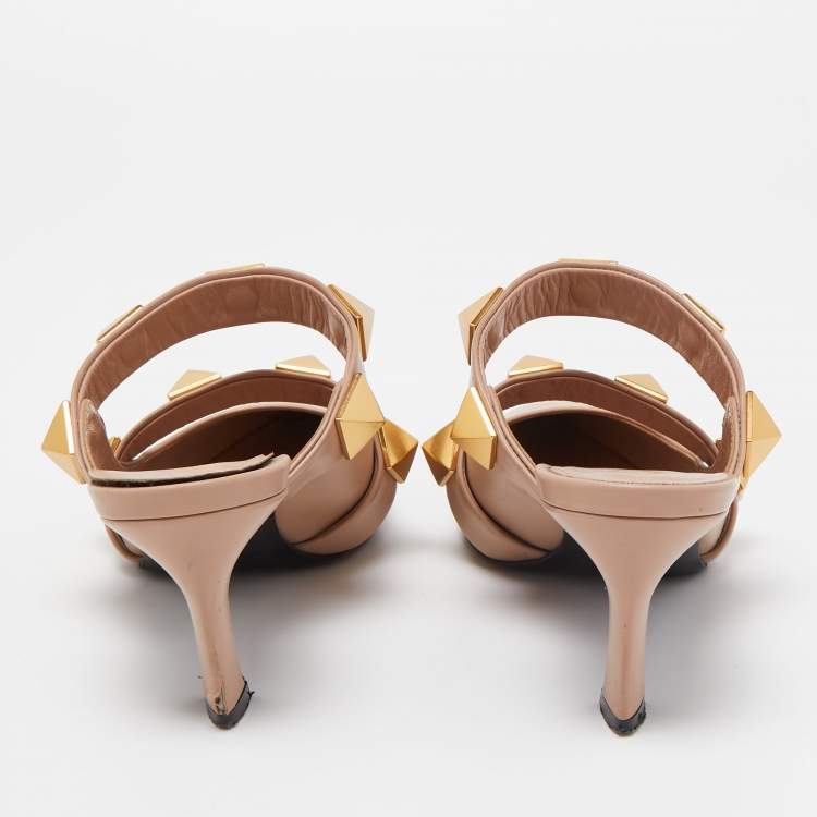 Pre Owned Valentino Pink Leather Roman Stud Pointed Toe Mules Size 37