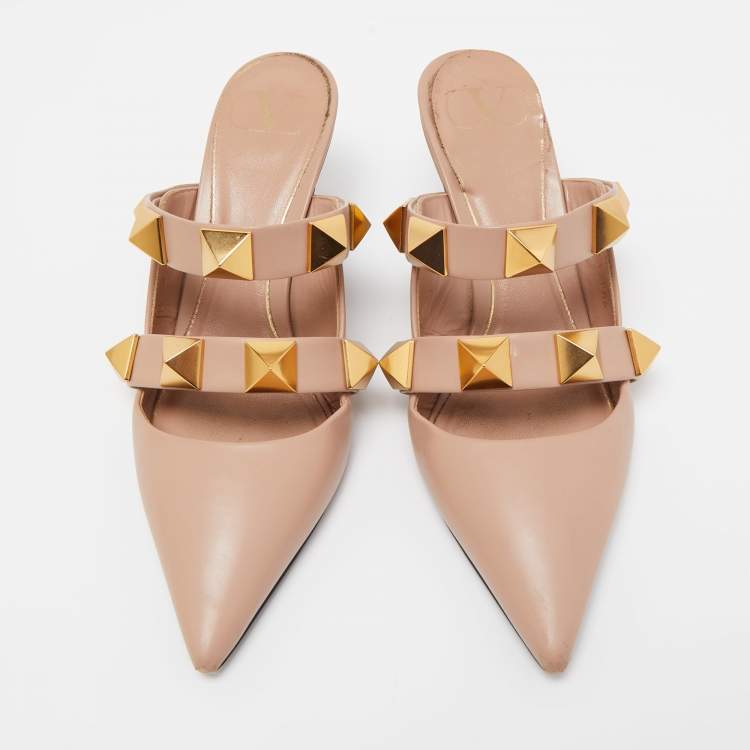 Pre Owned Valentino Pink Leather Roman Stud Pointed Toe Mules Size 37