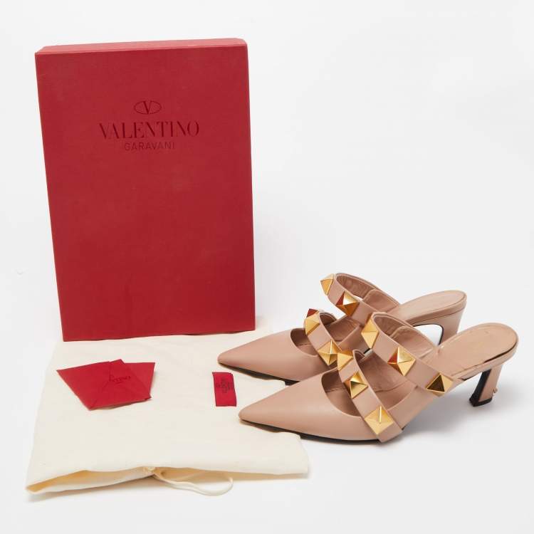 Pre Owned Valentino Pink Leather Roman Stud Pointed Toe Mules Size 37