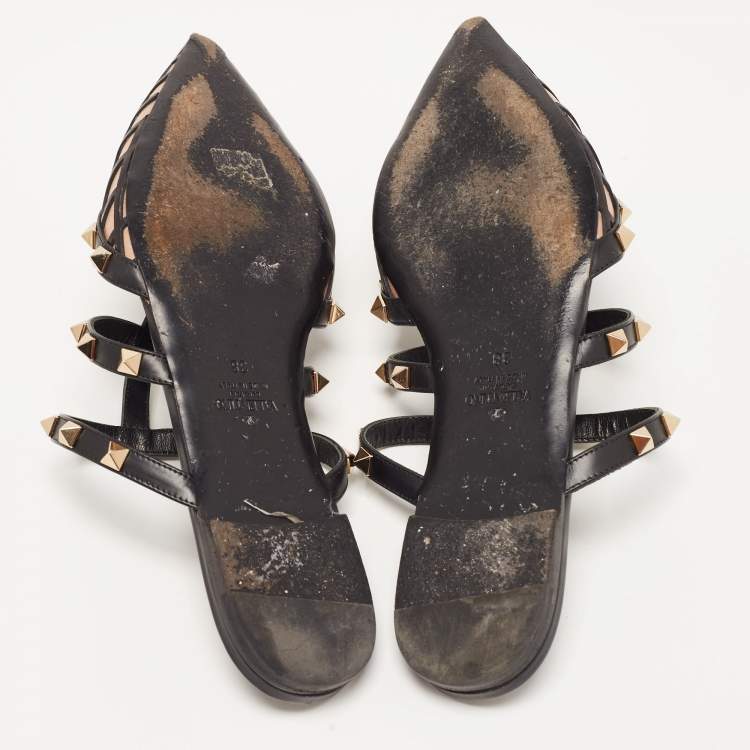 Pre Owned Valentino Brown/Black Leather Rockstud Strappy Flat Mules Size 38