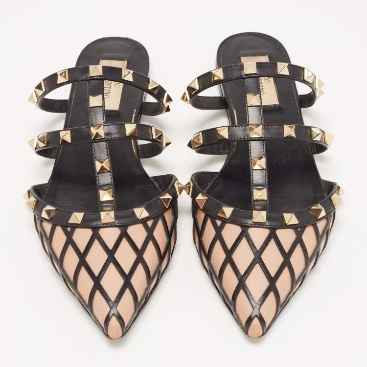 Pre Owned Valentino Brown/Black Leather Rockstud Strappy Flat Mules Size 38