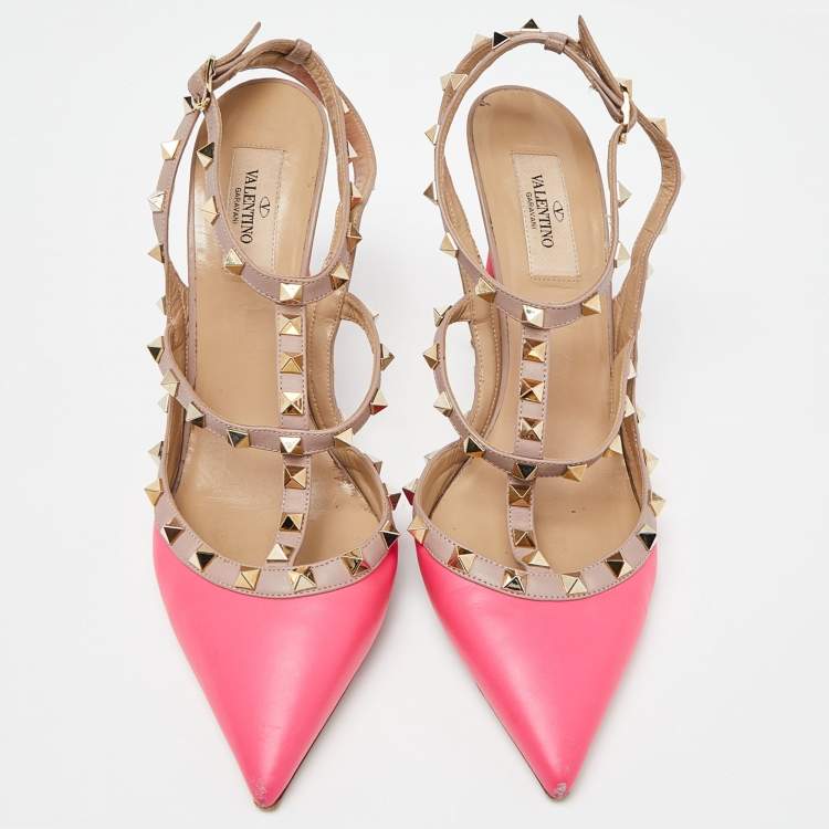 Pre Owned Valentino Pink/Beige Leather Rockstud Ankle Strap Pumps Size 41