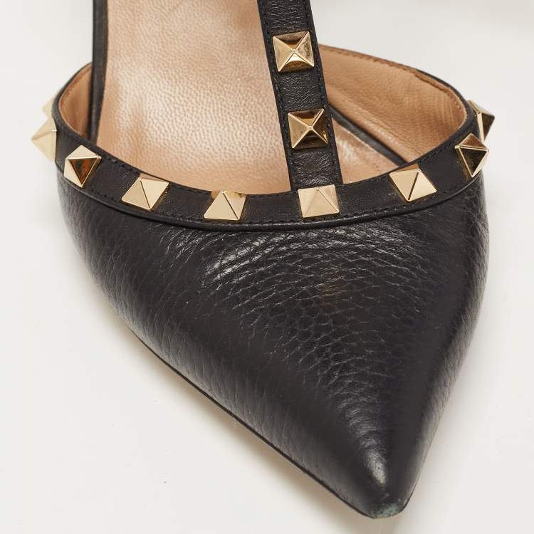 Pre Owned Valentino Black Leather Rockstud Strappy Pointed Toe Pumps Size 38.5
