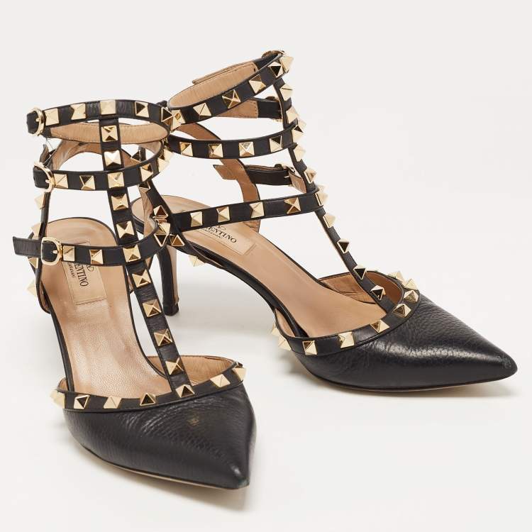 Pre Owned Valentino Black Leather Rockstud Strappy Pointed Toe Pumps Size 38.5