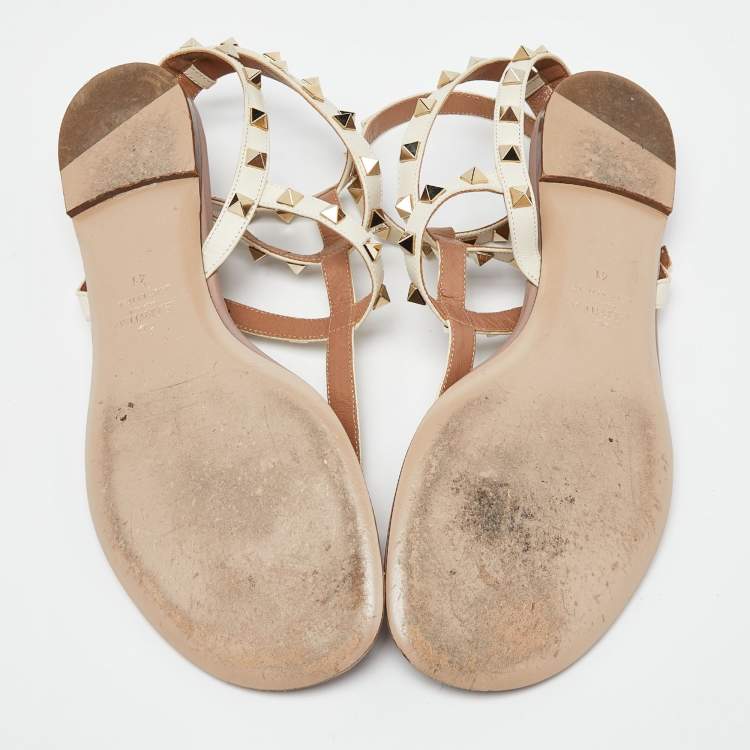 Pre Owned Valentino Cream Leather Rockstud Ankle Strap Flat Sandals Size 41