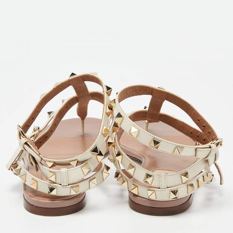 Pre Owned Valentino Cream Leather Rockstud Ankle Strap Flat Sandals Size 41