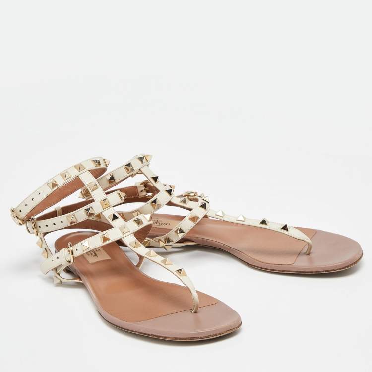 Pre Owned Valentino Cream Leather Rockstud Ankle Strap Flat Sandals Size 41