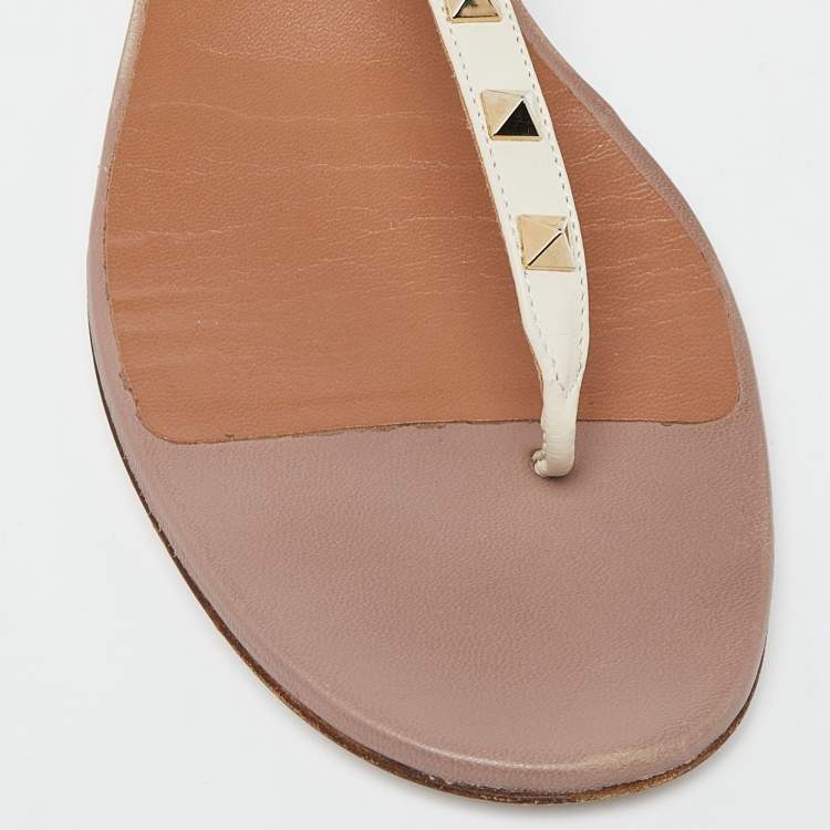 Pre Owned Valentino Cream Leather Rockstud Ankle Strap Flat Sandals Size 41