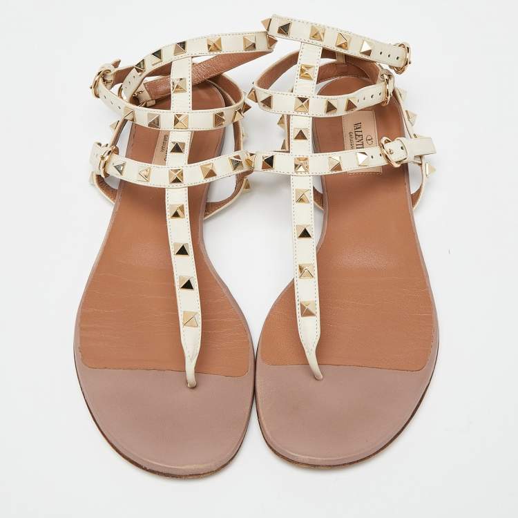 Pre Owned Valentino Cream Leather Rockstud Ankle Strap Flat Sandals Size 41