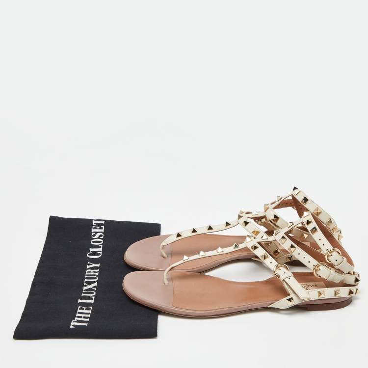 Pre Owned Valentino Cream Leather Rockstud Ankle Strap Flat Sandals Size 41