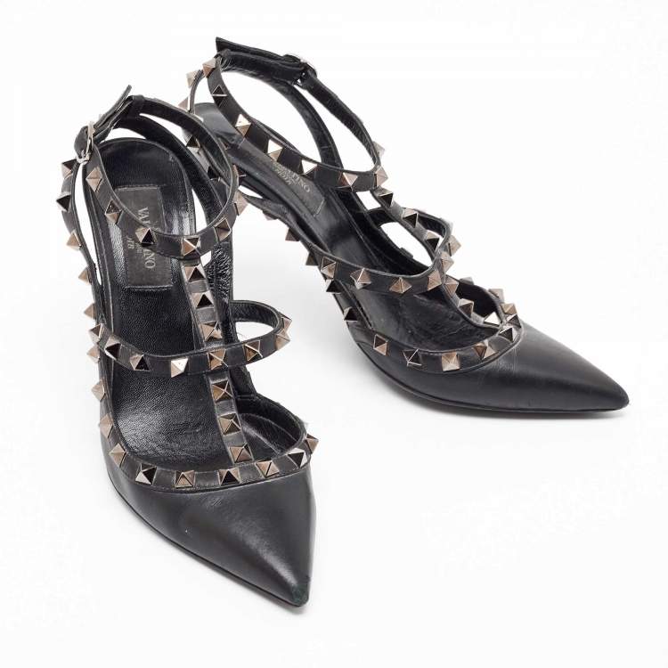 Pre Owned Valentino Black Leather Rockstud Ankle Strap Pumps Size 37.5