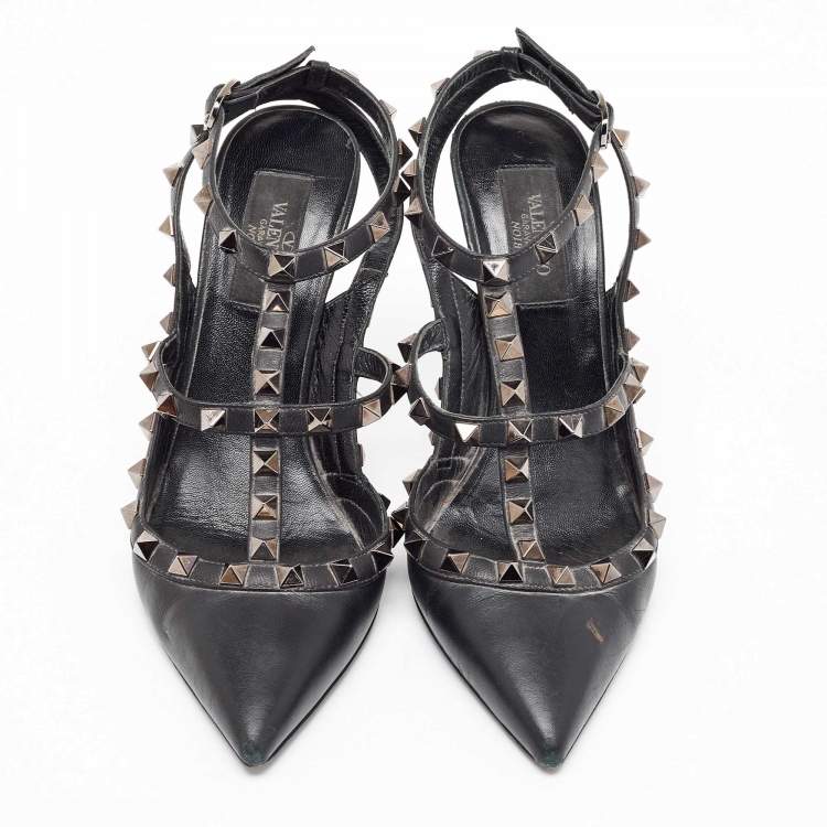 Pre Owned Valentino Black Leather Rockstud Ankle Strap Pumps Size 37.5