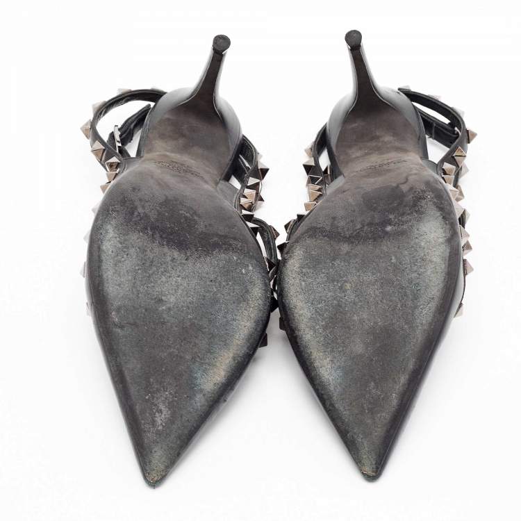 Pre Owned Valentino Black Leather Rockstud Ankle Strap Pumps Size 37.5