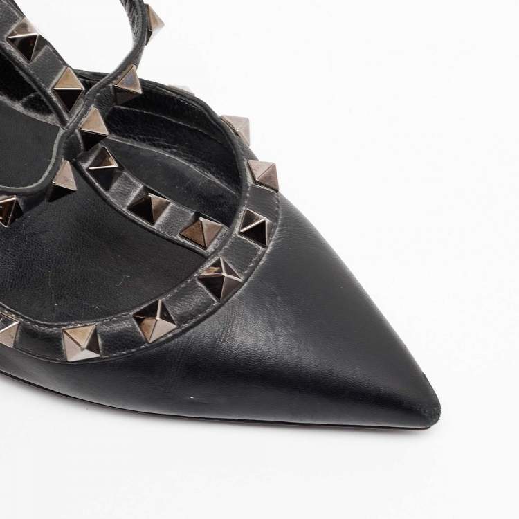 Pre Owned Valentino Black Leather Rockstud Ankle Strap Pumps Size 37.5